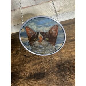 Vintage Lowell Herrero Stained Glass Sun Catcher Cat With Butterfly On Nose 1993
